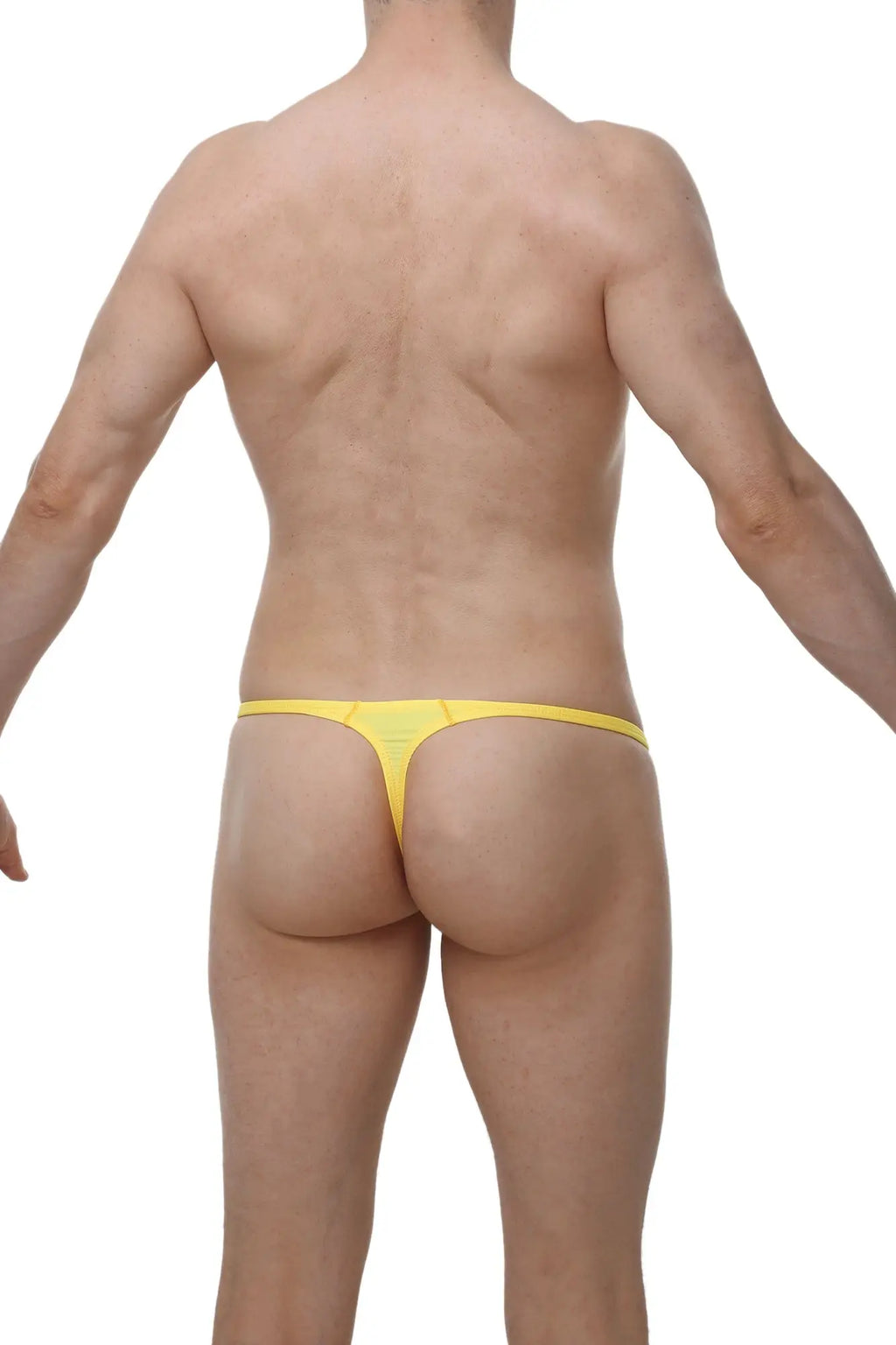 Bright yellow PetitQ thong with a smooth seamless design showing the back side of the underwear