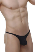 Black lace thong petitq plellis macra with subtle red logo on the side showing front view
