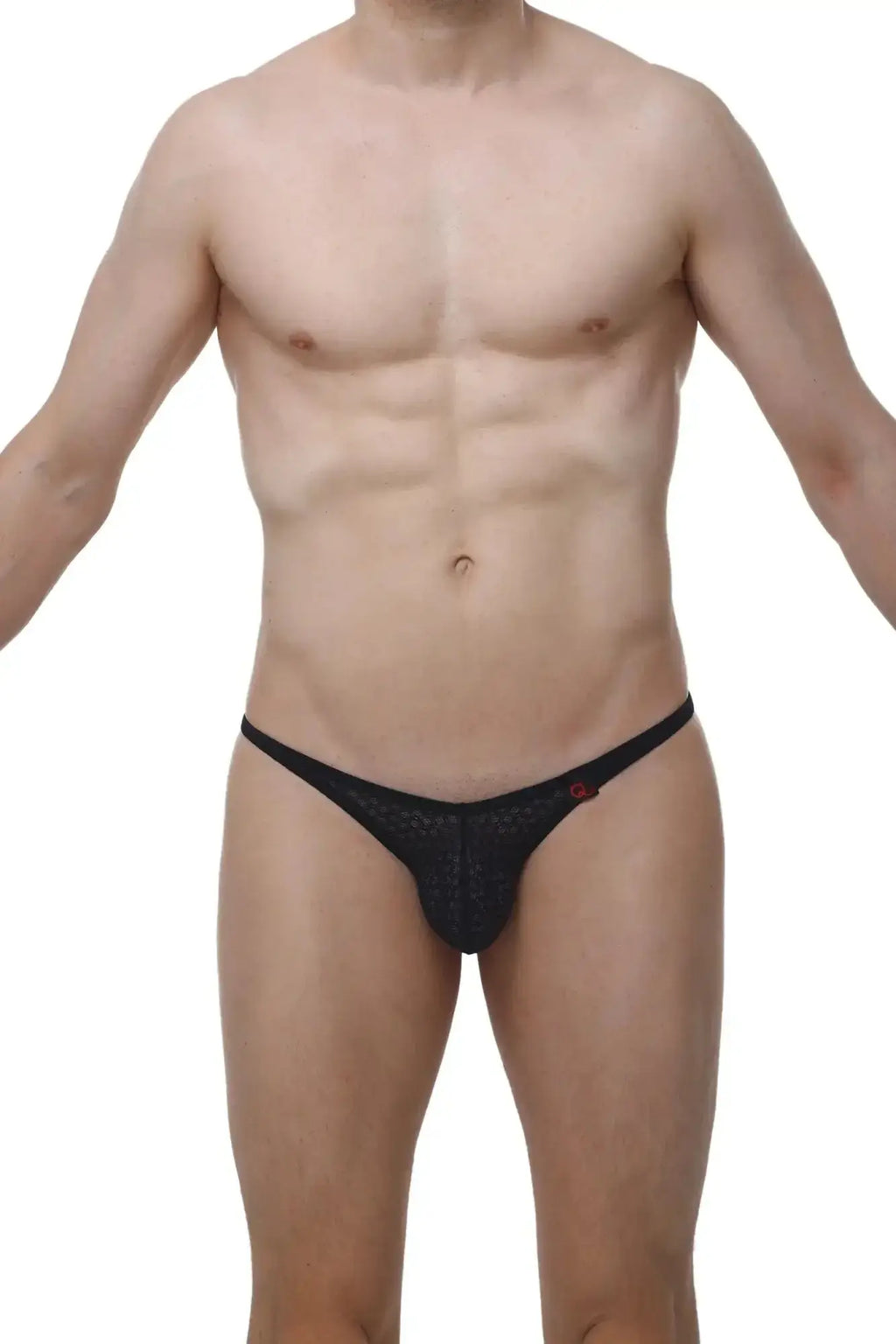 Black lace thong petitq plellis macra with subtle textured pattern and small red logo on the side