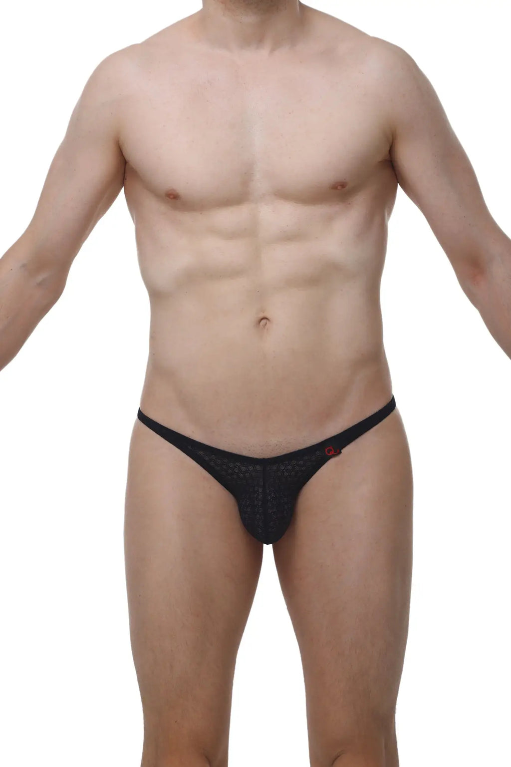 Black lace thong petitq plellis macra with subtle textured pattern and small red logo on the side