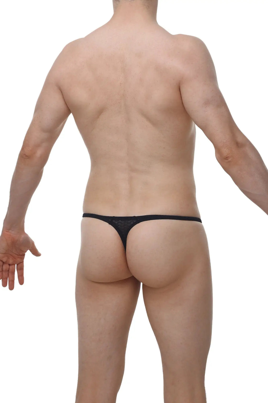 Petitq thong plellis macra black black mesh thong with thin sleek design showing back side of the product