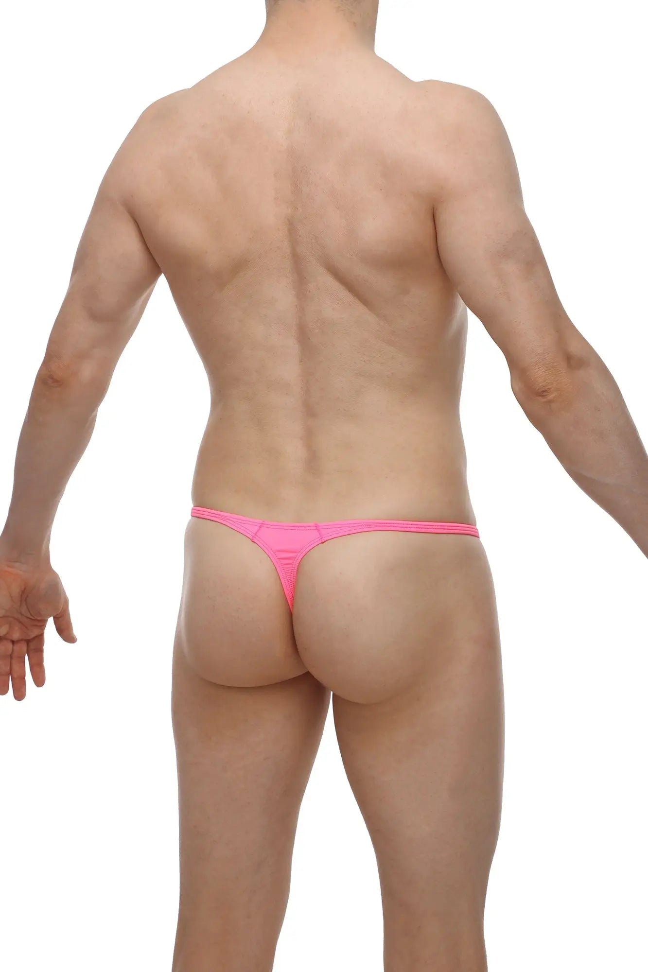 Bright pink neon thong petitq plellis with a snug form-fitting design showing the back side of the product