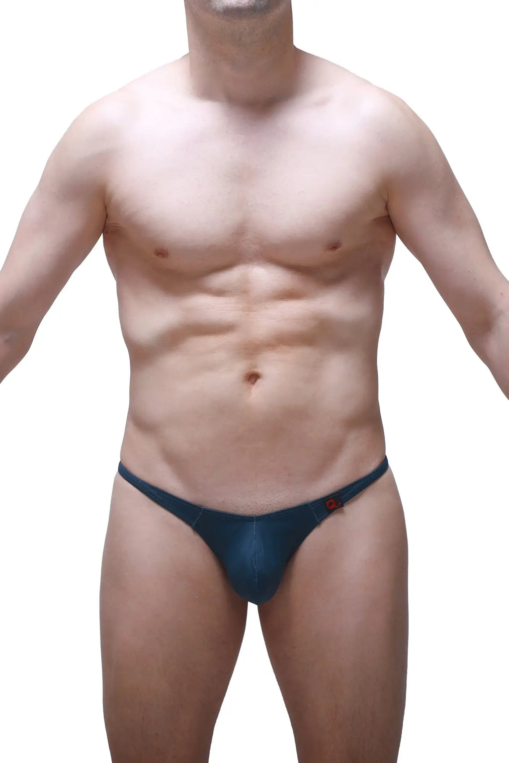 Dark blue form-fitting PetitQ thong with a subtle red logo on the side in Prussian blue fabric