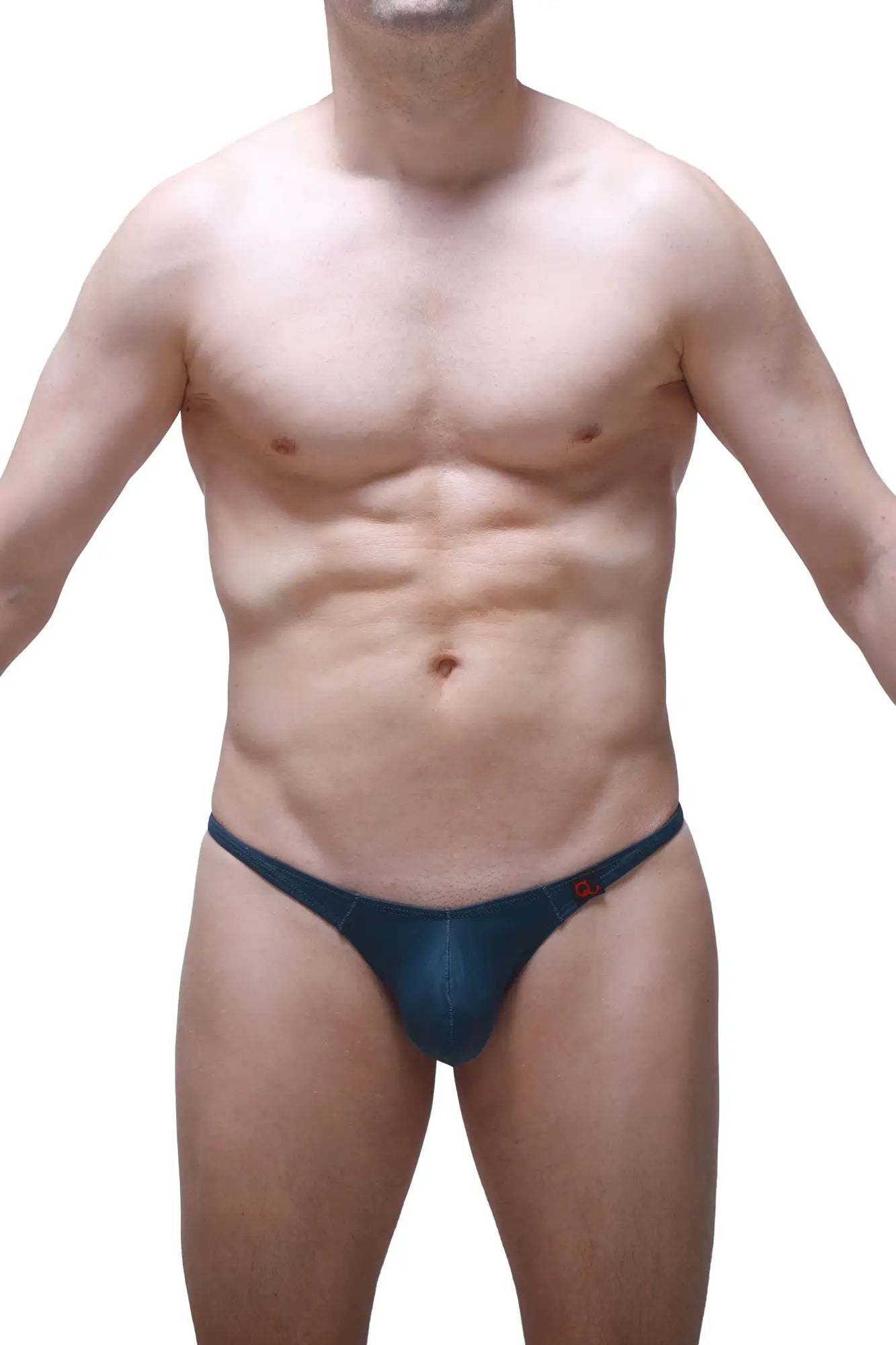 Dark blue form-fitting PetitQ thong with a subtle red logo on the side in Prussian blue fabric