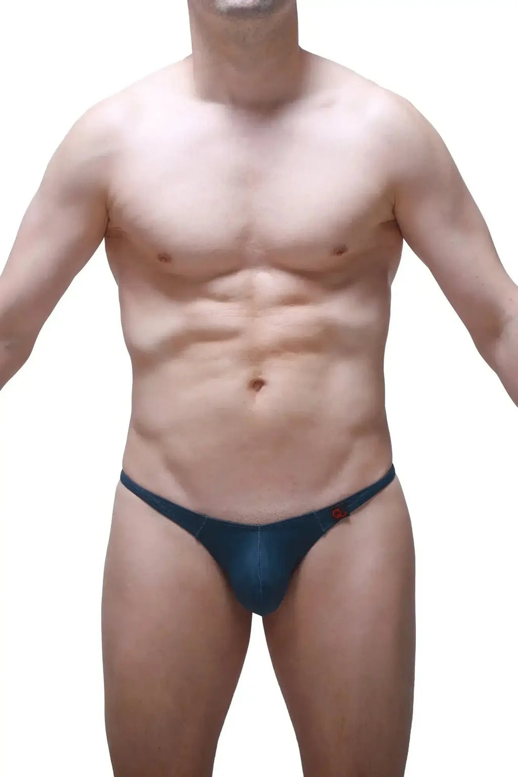 Dark blue form-fitting PetitQ thong with a subtle red logo on the side in Prussian blue fabric