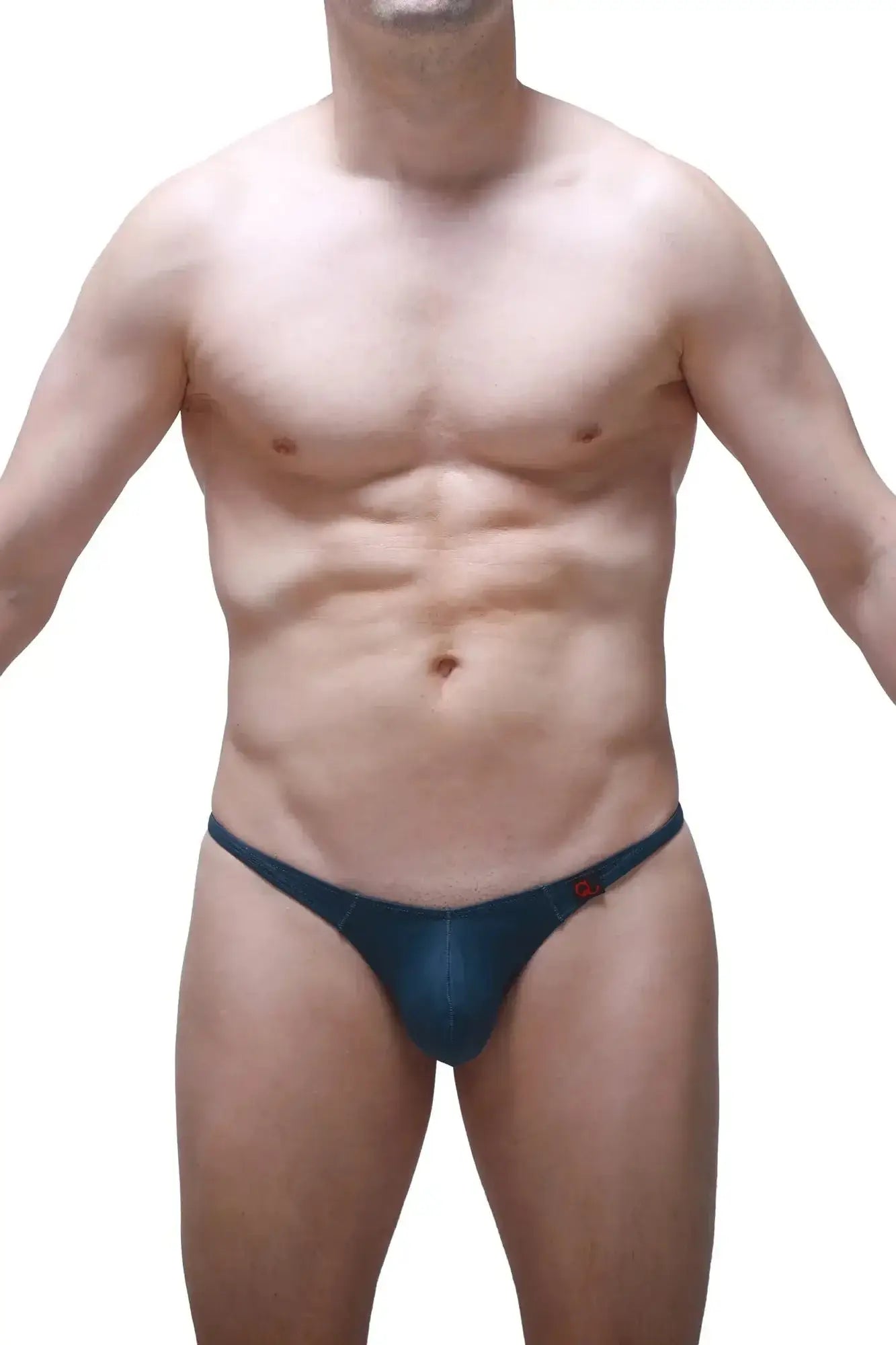 Dark blue form-fitting PetitQ thong with a subtle red logo on the side in Prussian blue fabric