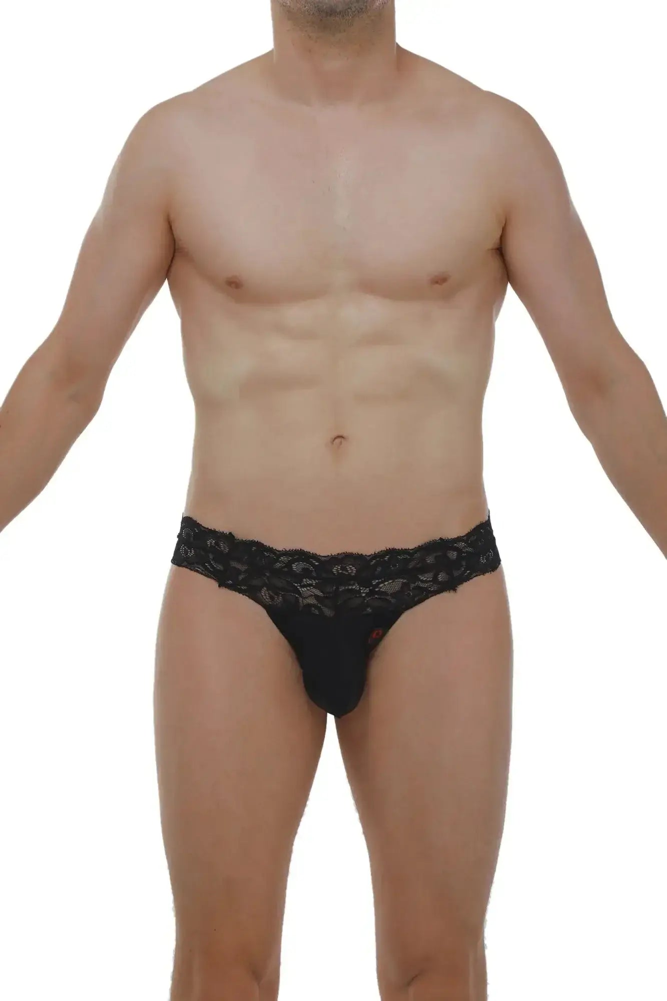 PetitQ thong plessis lace black men’s briefs with black lace trim and sleek form-fitting design