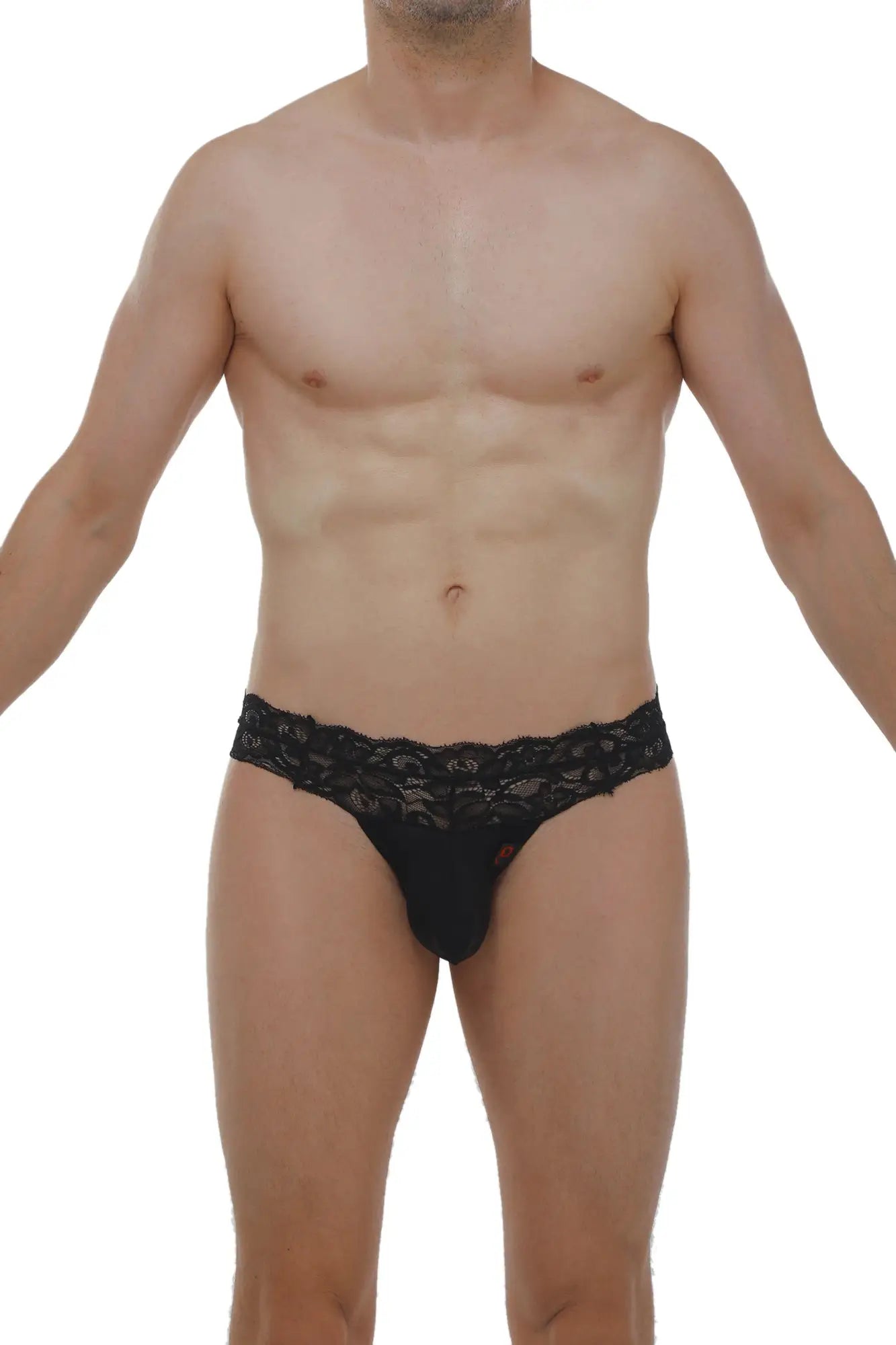 PetitQ thong plessis lace black men’s briefs with black lace trim and sleek form-fitting design