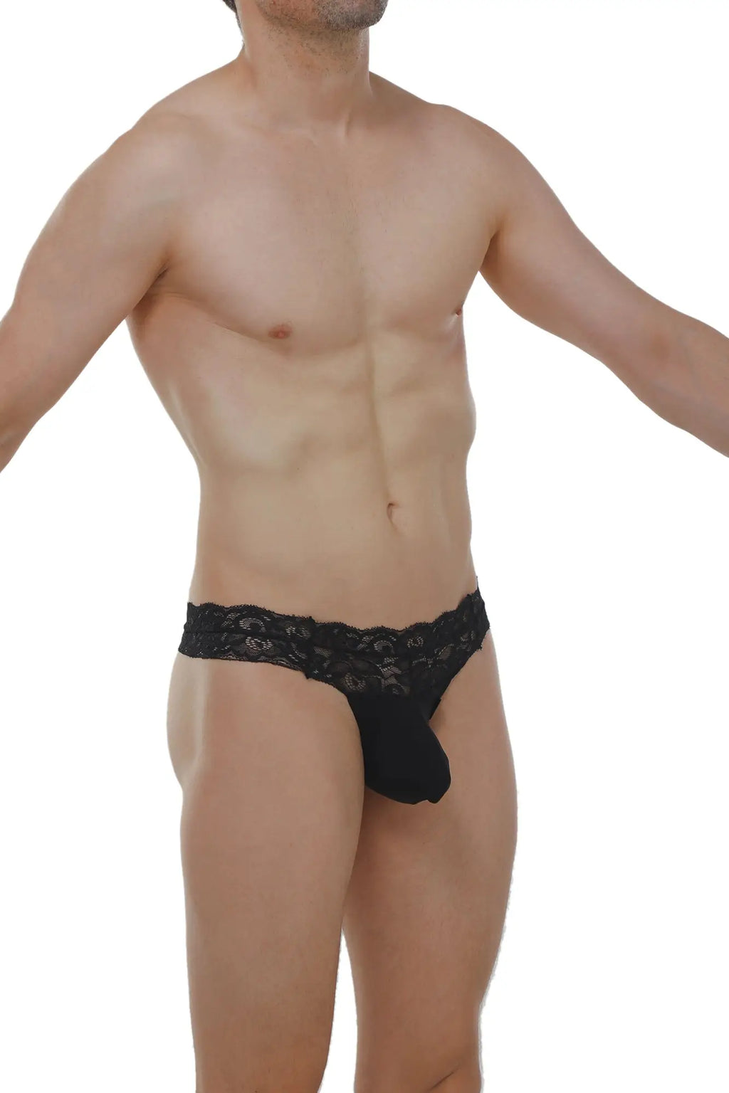 PetitQ thong plessis lace black mens thong with black lace trim and solid black fabric pouch front view
