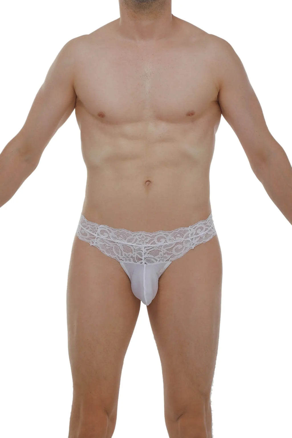 White lace-trimmed men’s thong with sheer, form-fitting design by PetitQ in white lace material