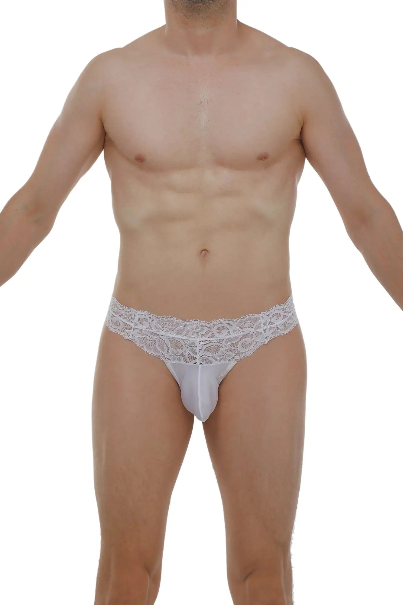 White lace-trimmed men’s thong with sheer, form-fitting design by PetitQ in white lace material