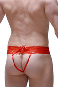 Back view of petitq thong plessis net red lace thong with tied bow detail in vibrant red lace material