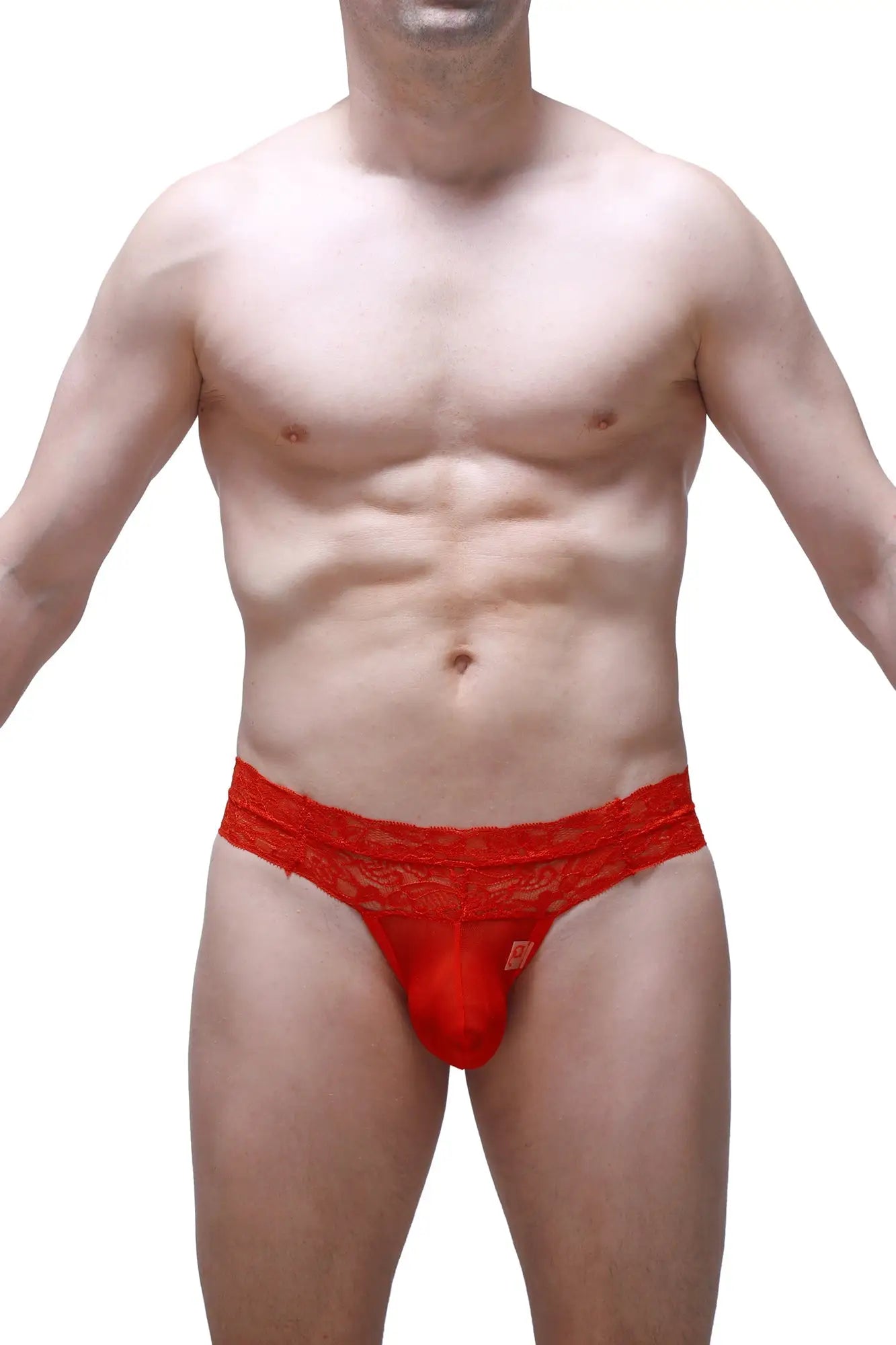 PetitQ thong Plessis net red men’s thong with red lace trim and solid red front panel for bold comfort