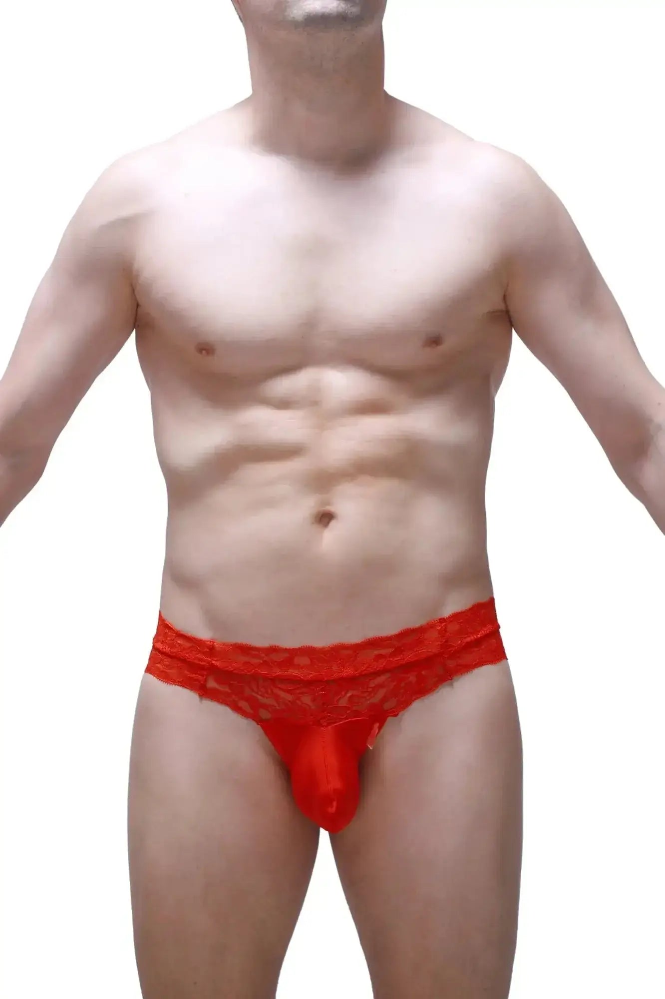 PetitQ thong Plessis plum red in red lace with sheer patterned waistband and solid front panel for elegant lingerie