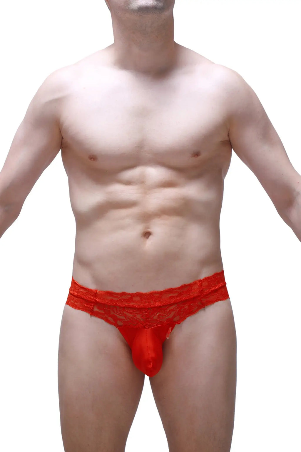 PetitQ thong Plessis plum red in red lace with sheer patterned waistband and solid front panel for elegant lingerie