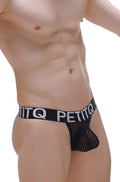 Black mesh petitq thong protruder durtol with wide elastic waistband featuring white petitq logo