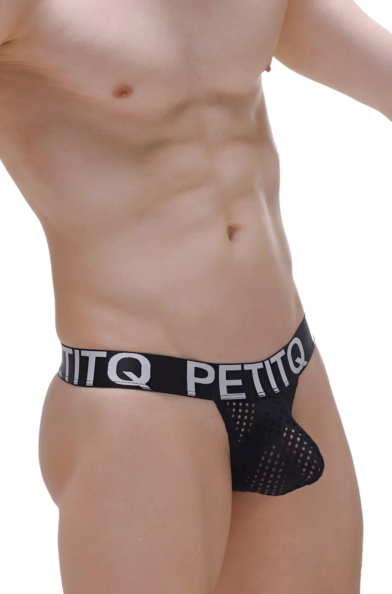 Black mesh petitq thong protruder durtol with wide elastic waistband featuring white petitq logo