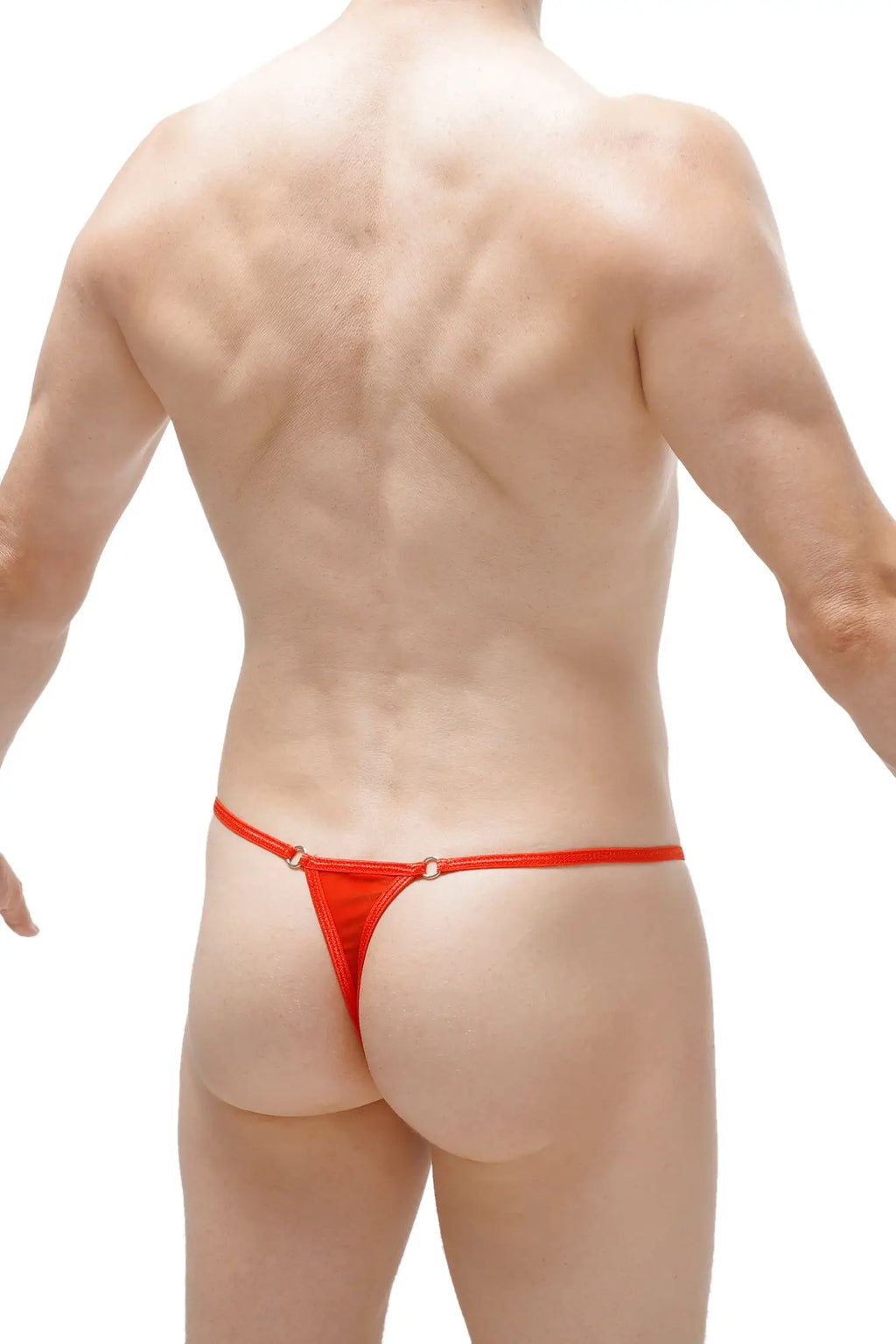 PetitQ thong Puget net red bright red shiny satin thong with thin waistband and two small metallic rings at the back