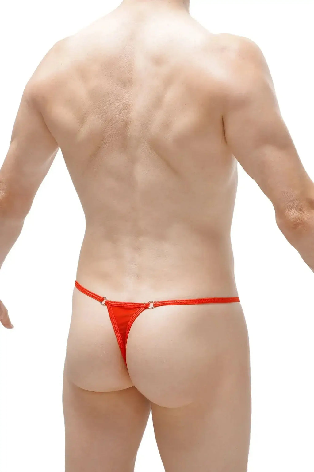 PetitQ thong Puget net red bright red shiny satin thong with thin waistband and two small metallic rings at the back