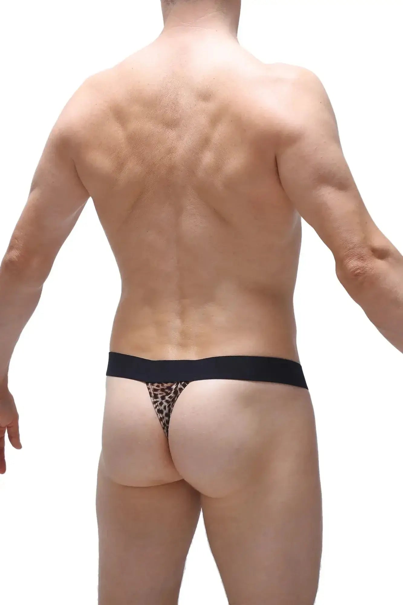Black and tan leopard-print thong with solid black waistband from petitq featuring ring details in panthere style