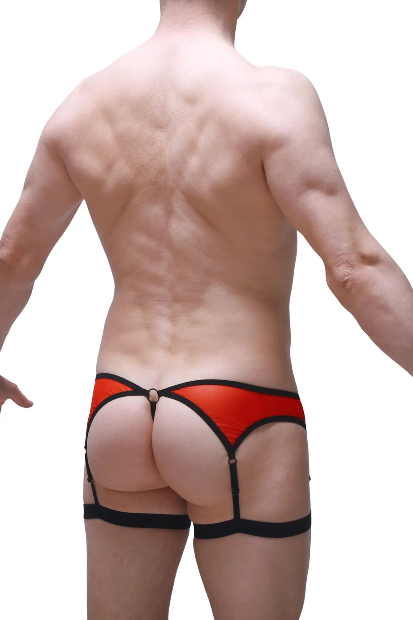 Red and black leather thong with garter straps by petitq roaix showing front view
