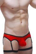 Red and black petitq thong Roaix men’s briefs with suspenders featuring a distinctive design