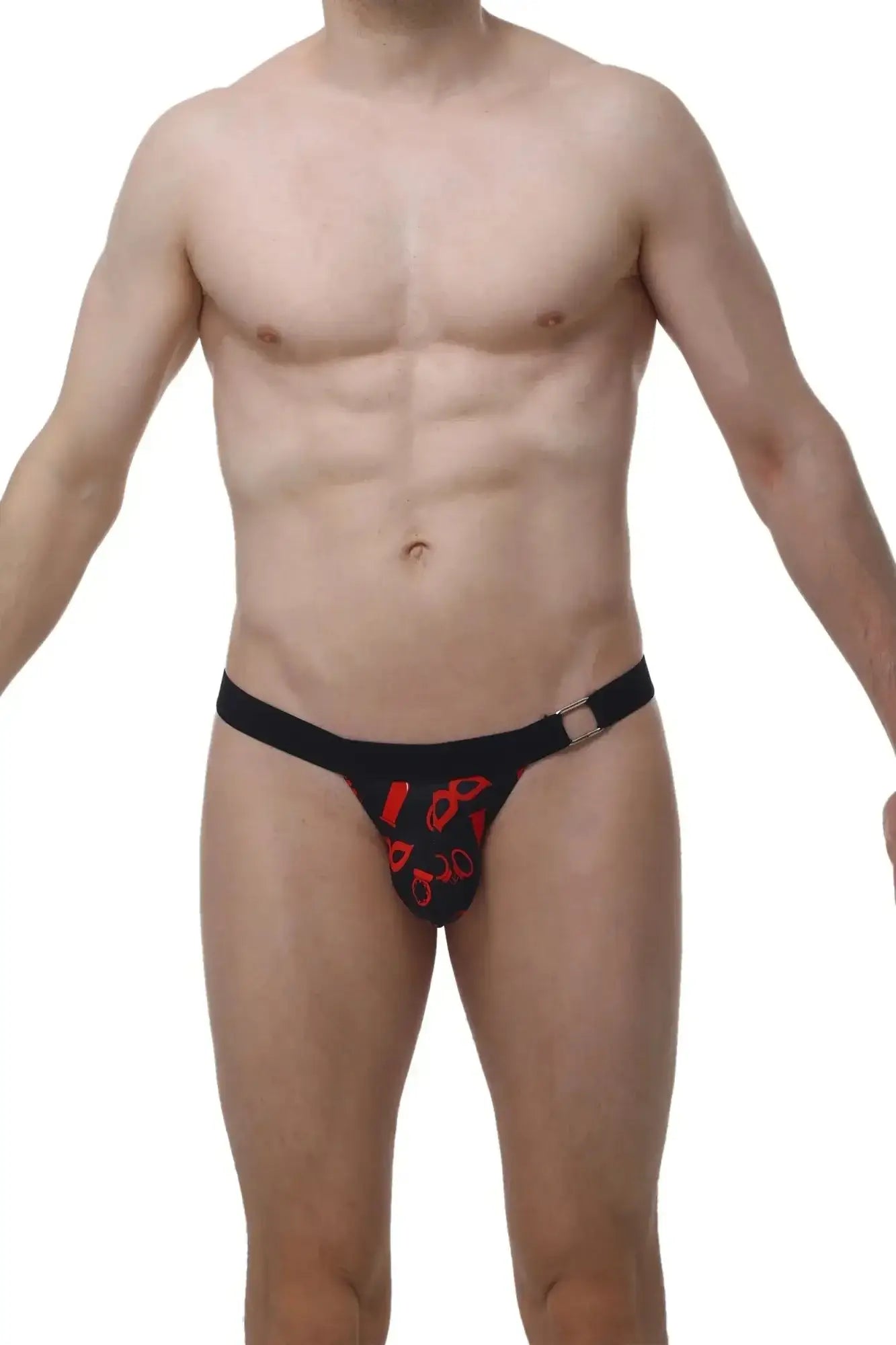 Black thong with red scissors pattern and metallic buckle from petitq thong rompon boudoir collection