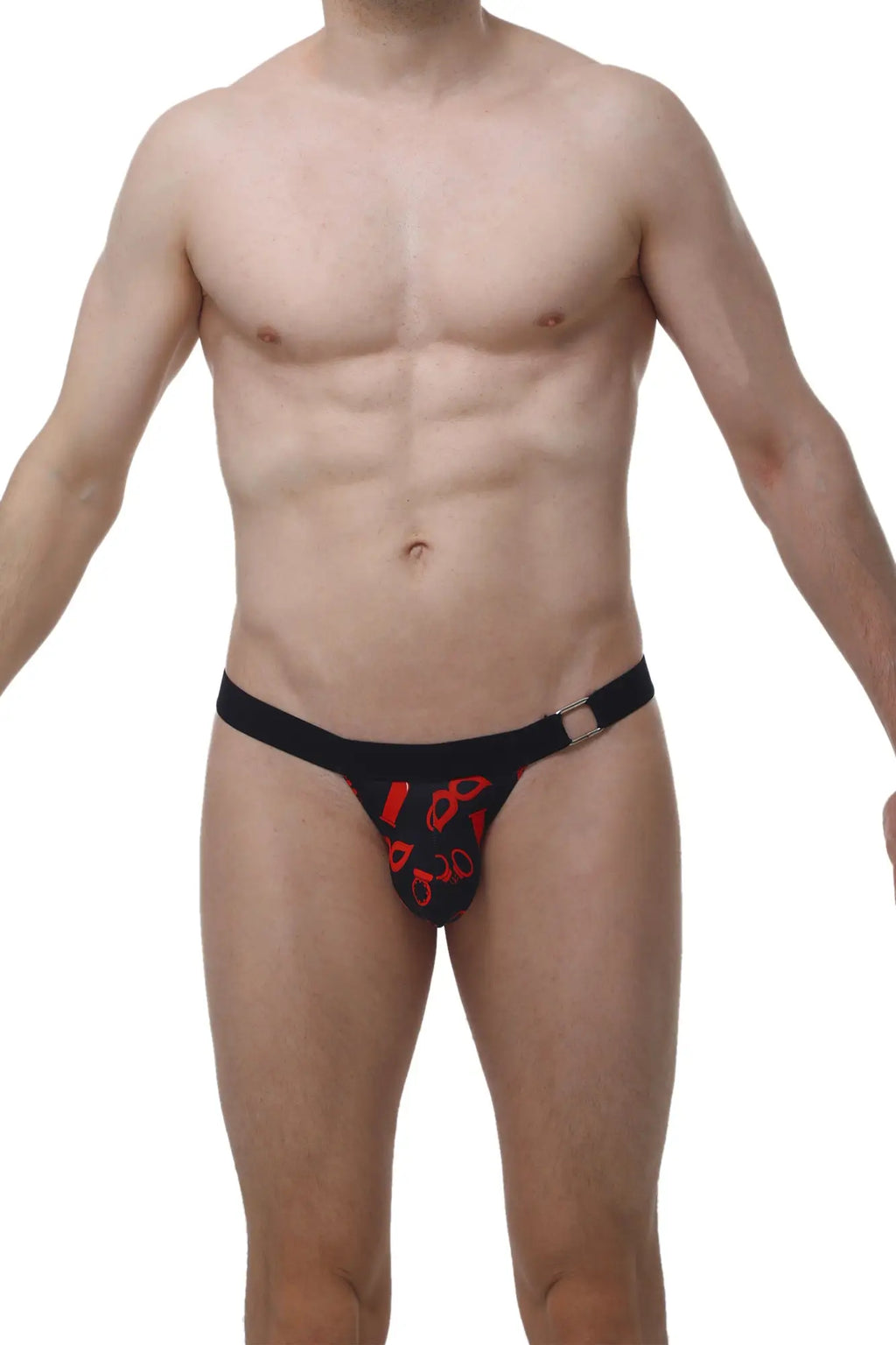Black thong with red scissors pattern and metallic buckle from petitq thong rompon boudoir collection