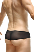 Black sheer mesh briefs with solid black waistband from petitq thong toga net collection front side view