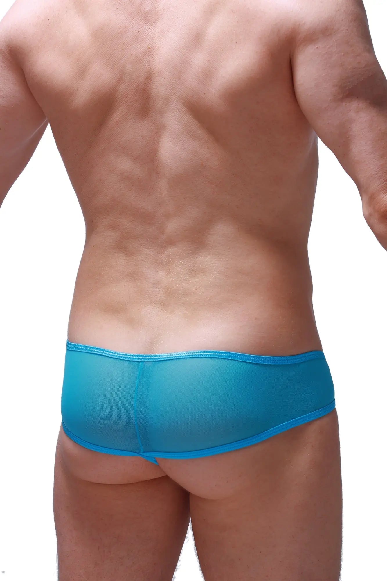 Bright blue sheer mesh briefs with solid blue elastic waistband petitq thong toga net maya blue front view