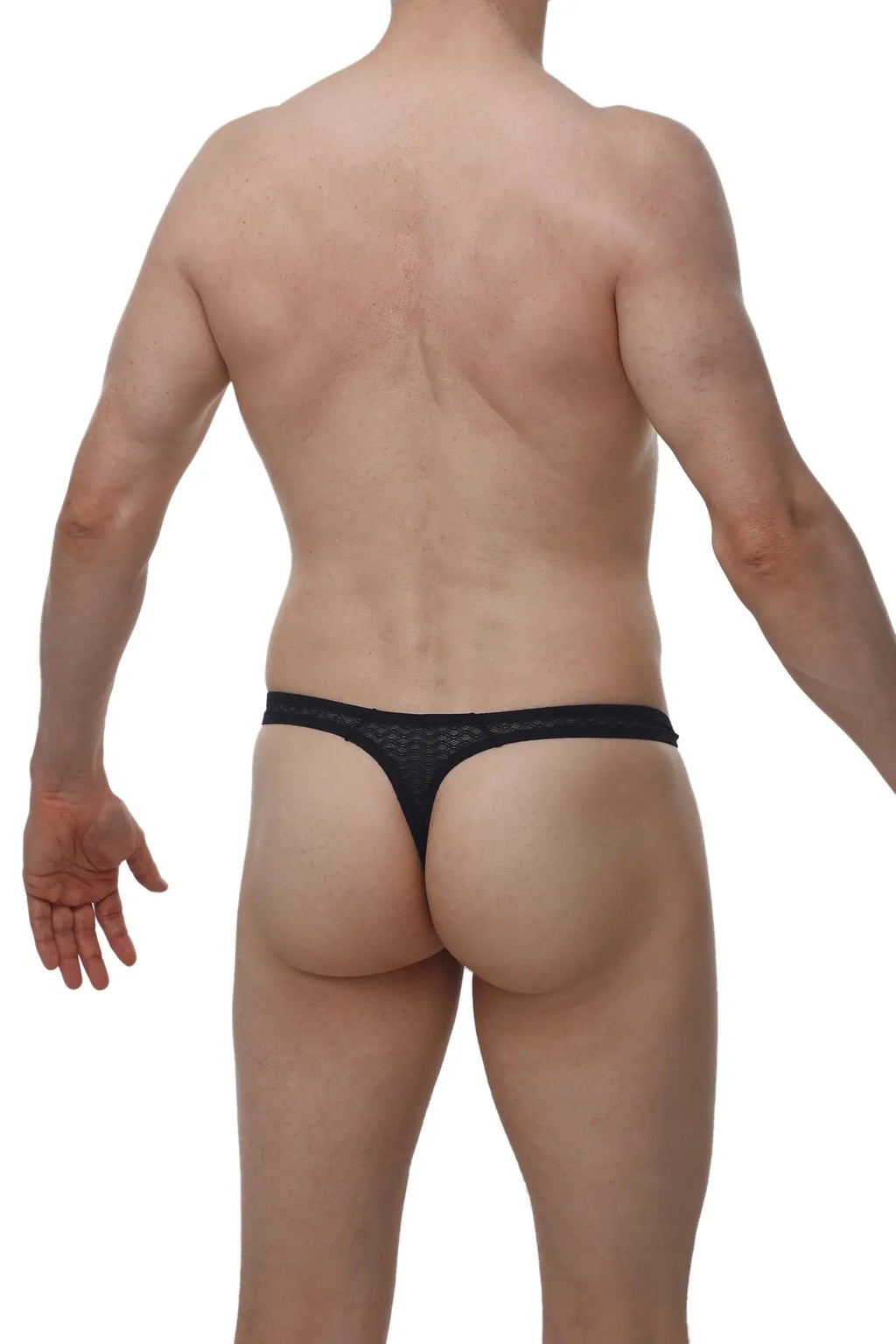 Black lace thong with delicate intricate macra pattern in petitq thong tower macra black design