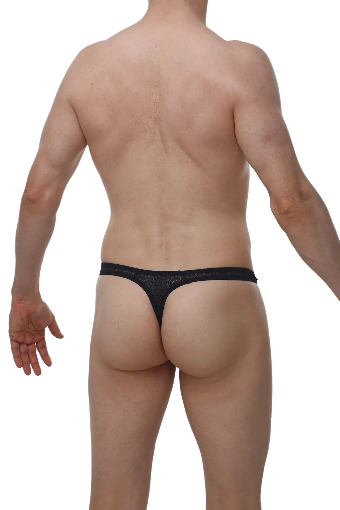 Black lace thong with delicate intricate macra pattern in petitq thong tower macra black design