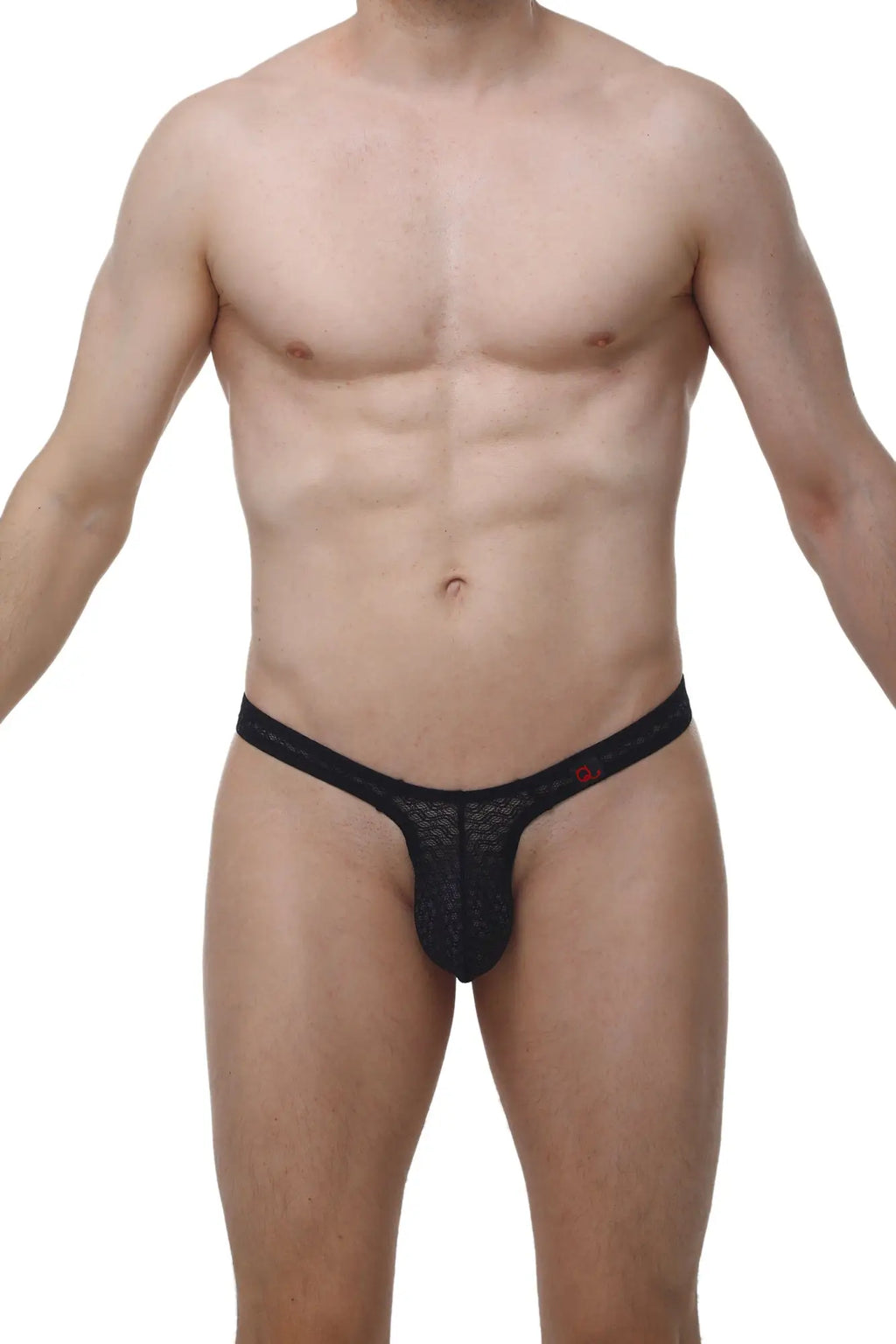 Black lace thong with a subtle red petitq logo on the waistband shown from the back side