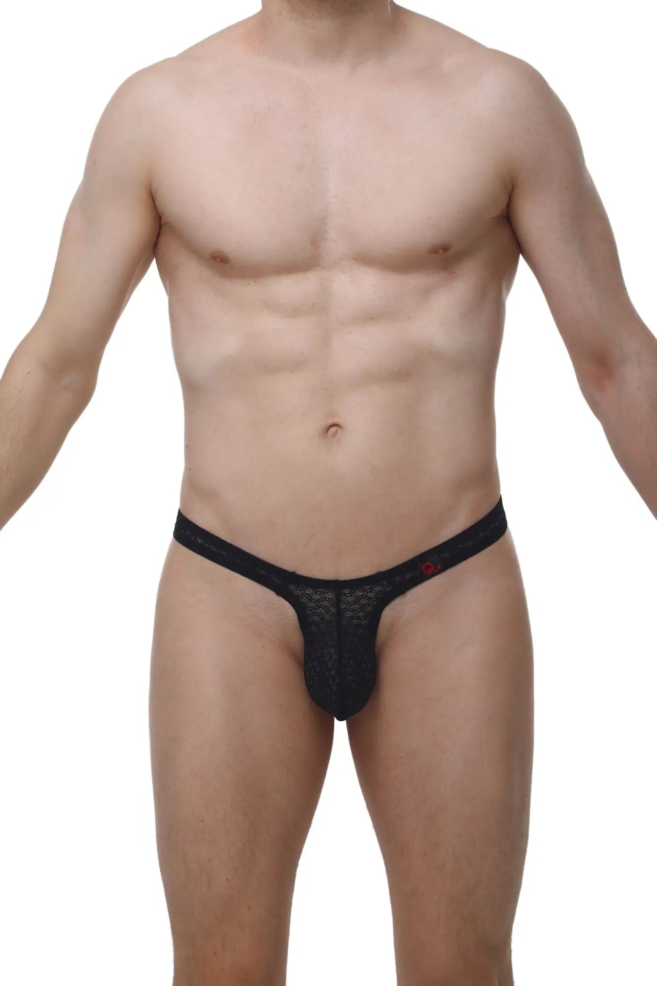 Black lace thong with a subtle red petitq logo on the waistband shown from the back side