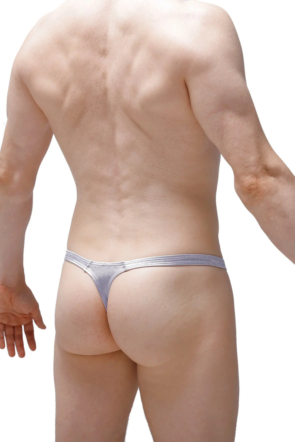 PetitQ thong Tower Satin silver metallic with subtle textured pattern along the waistband shown from the back