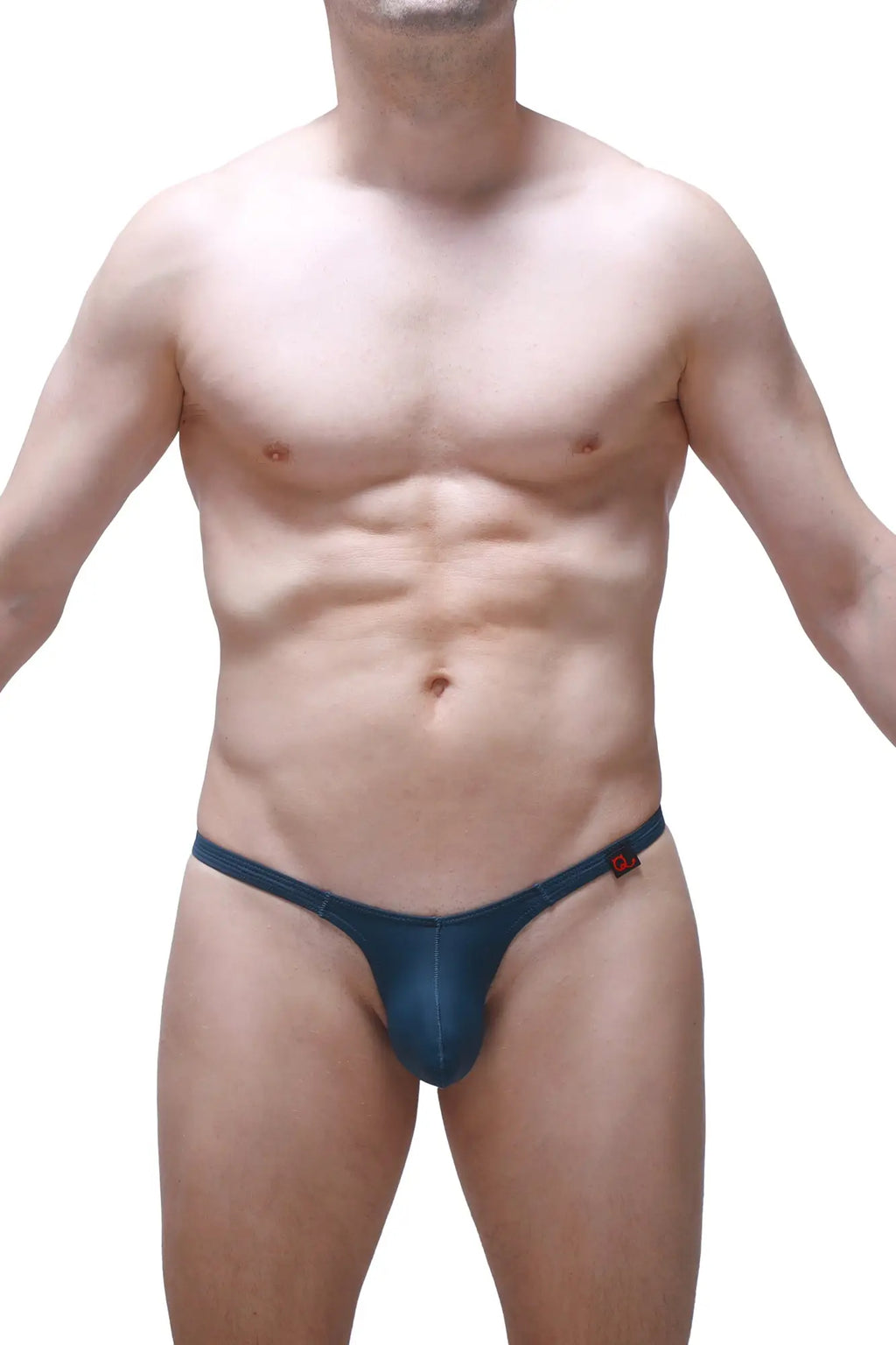 Navy blue denim thong with a small red logo on the sideband from petitq thong yutz prussian collection