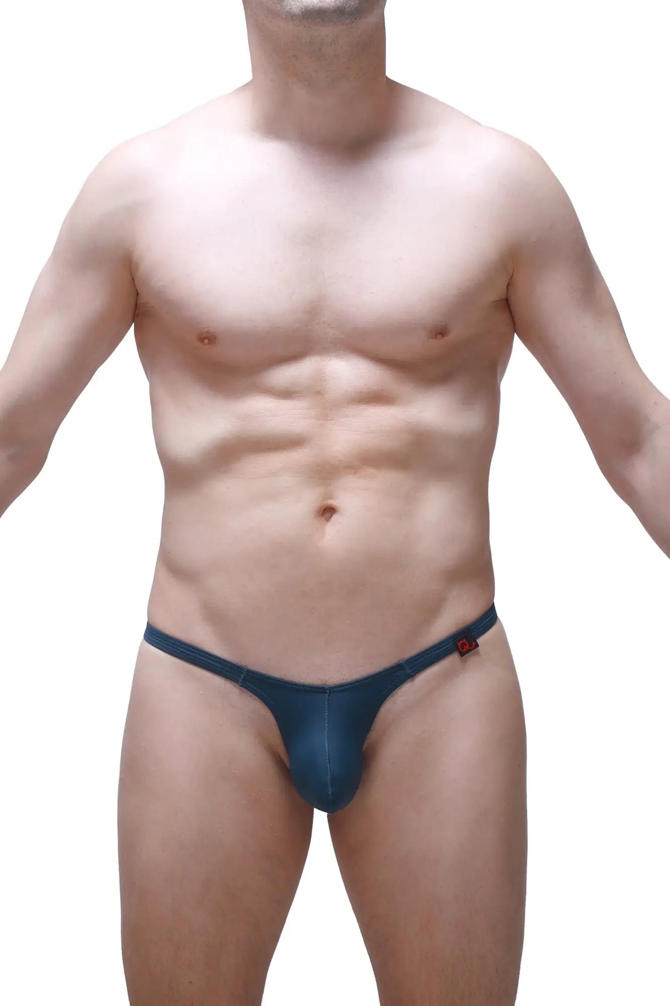 Navy blue denim thong with a small red logo on the sideband from petitq thong yutz prussian collection
