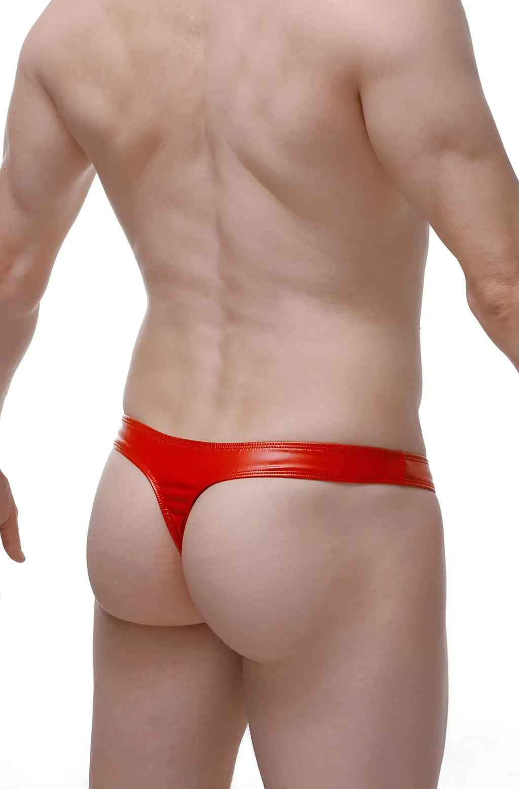 Petitq thong zip vinyl red shiny red latex thong shown from the back side
