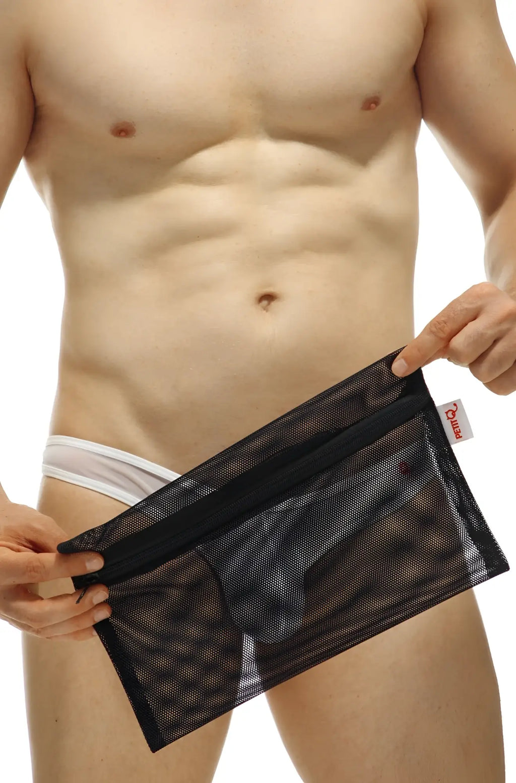 Black mesh PetitQ underwear laundry bag with black zipper and red brand tag for delicate garment protection