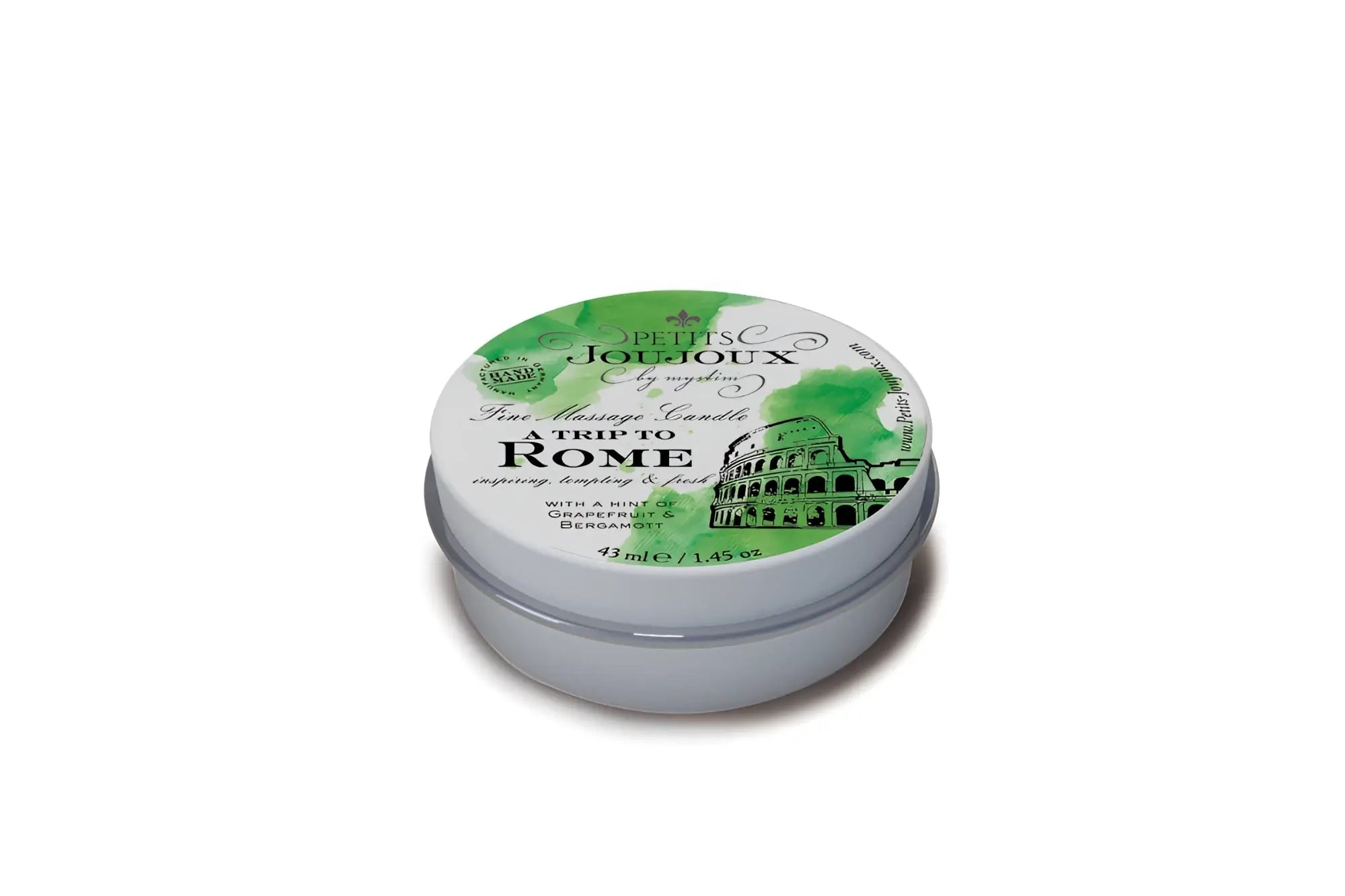 A silver round tin of petits joujoux trip to rome fine shaving candle with green and white colosseum label 43ml