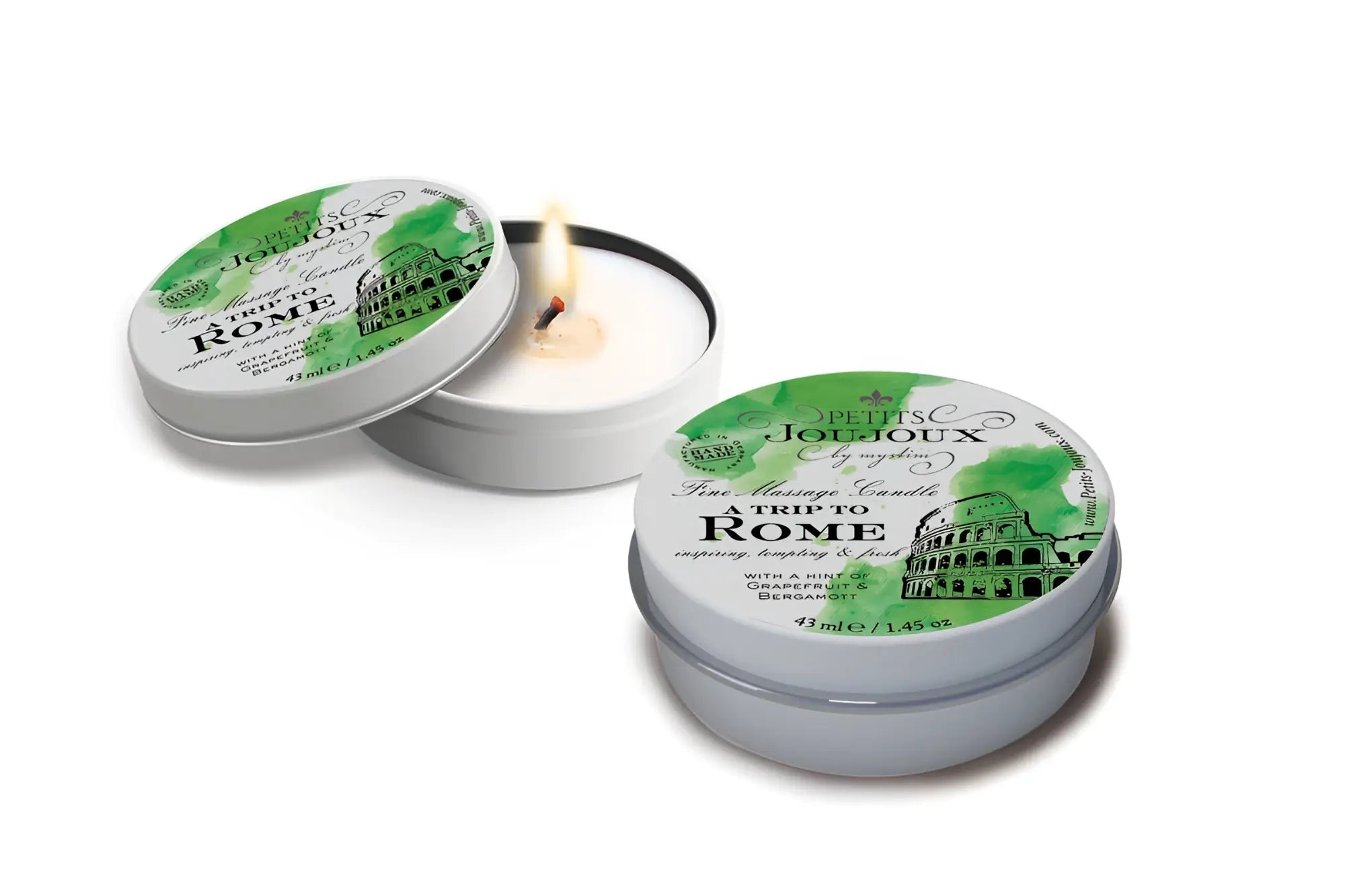 A white round tin Petits JouJoux massage candle with a green and black colosseum label in 43ml size