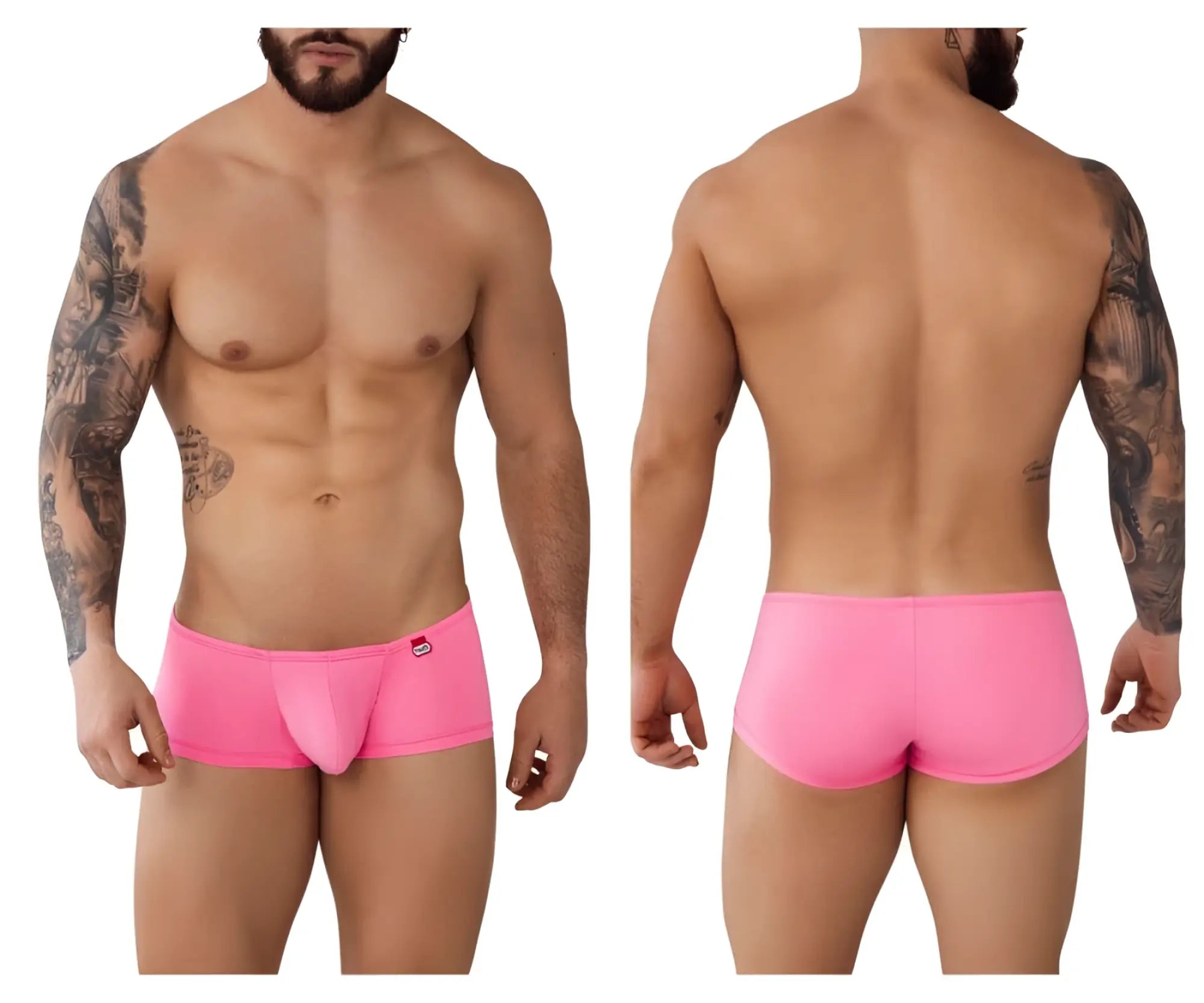 Bright pink form-fitting swim trunks with subtle Pikante logo on left hip designed for comfortable beachwear