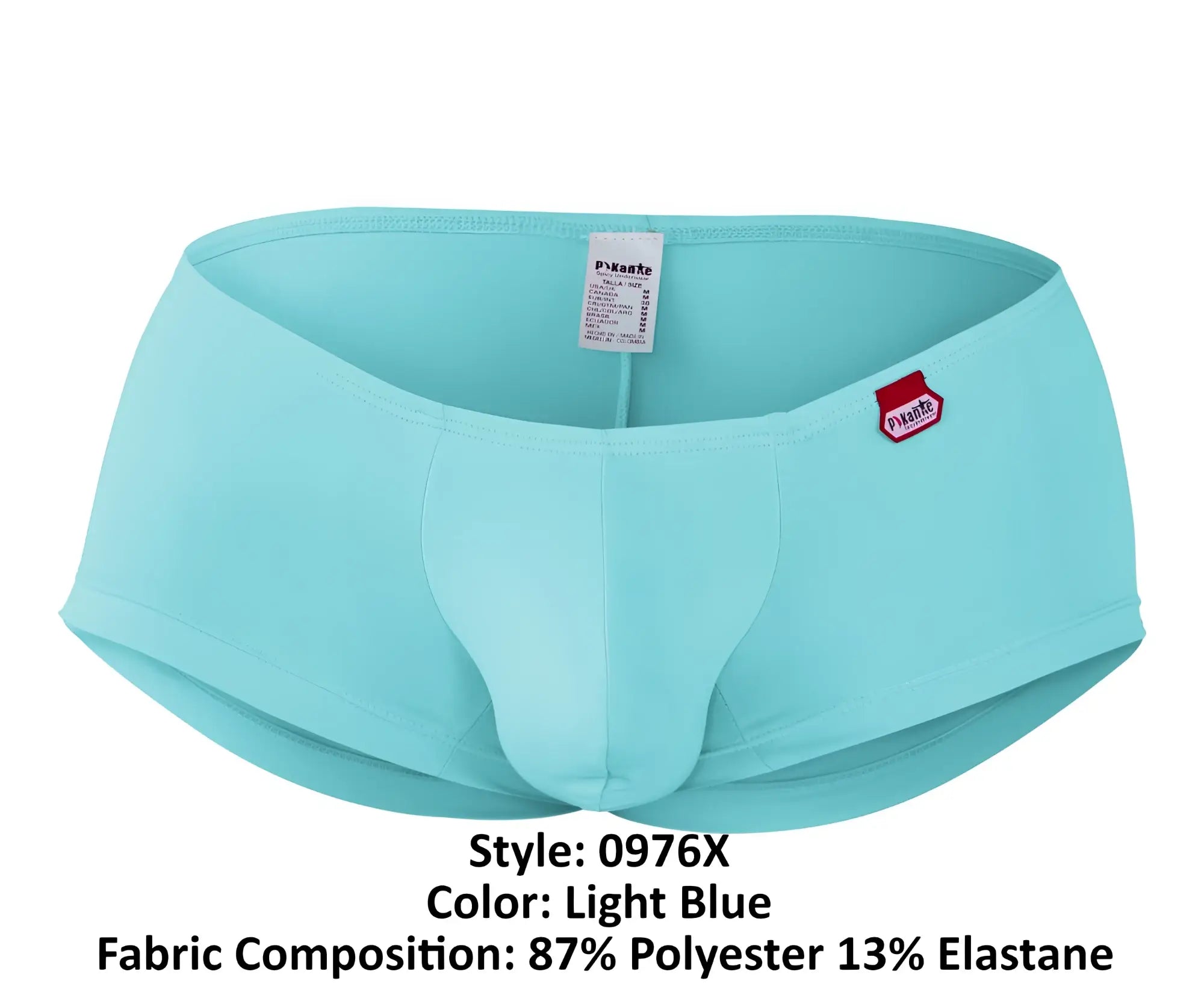 Light blue pikante pik 0976x angola men’s briefs made of 87% polyester 13% elastane with red logo patch on waistband