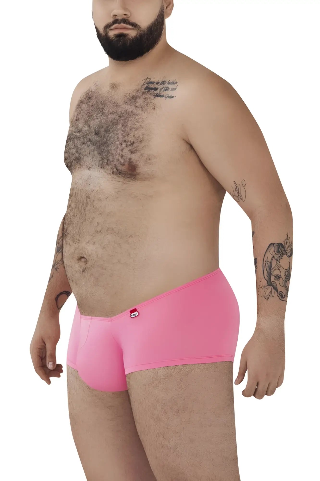Bright pink pikante pik 0976x angola trunks with a small red logo on the waistband in front view