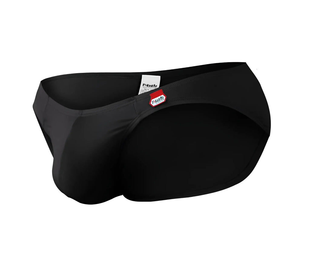 Black mens swim trunks pikante pik 0977x angola bikini in black with sleek form fitting design and red white waistband tag