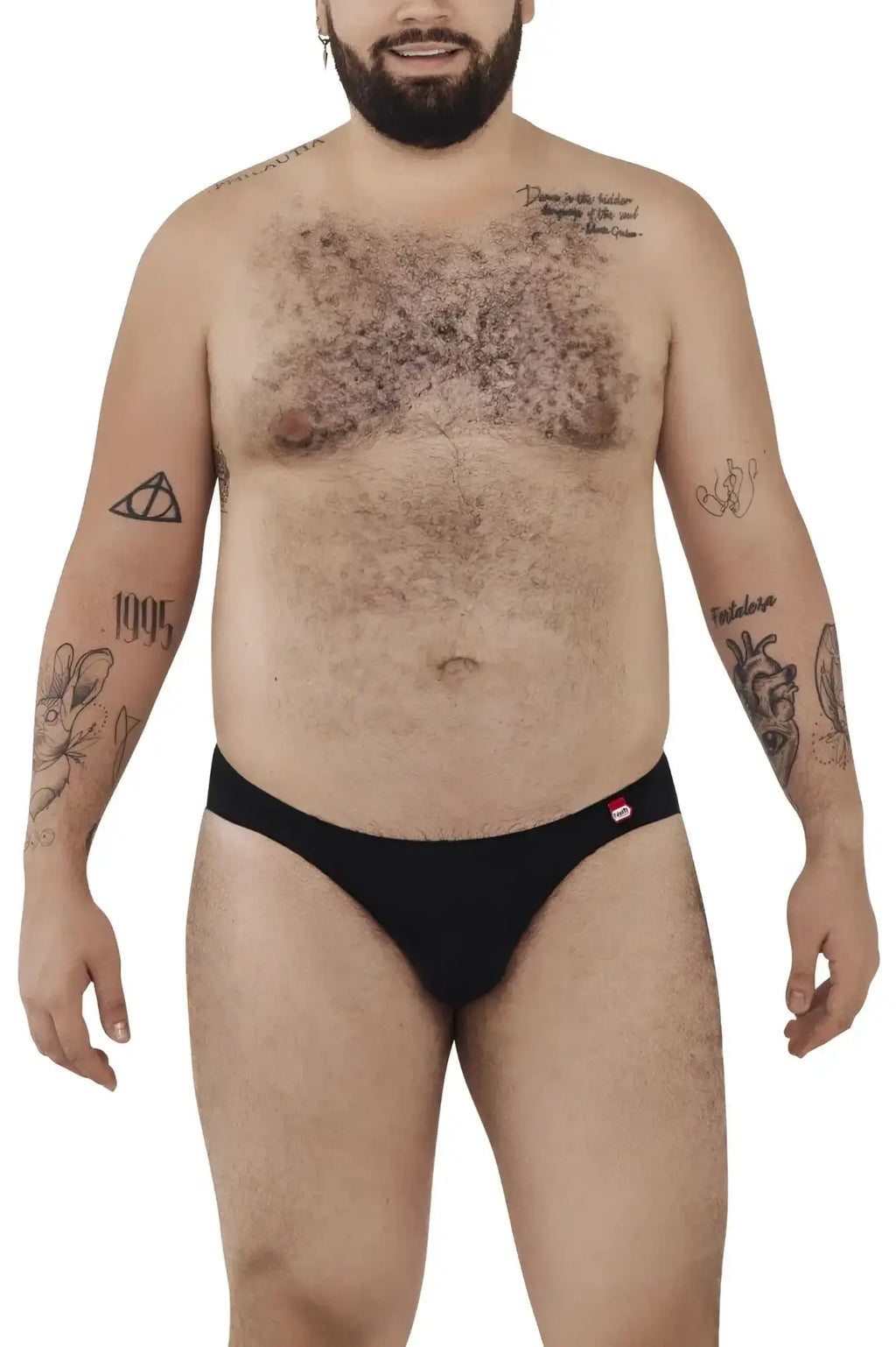 Front view of a man wearing a black Pikante PIK 0977X Angola bikini.