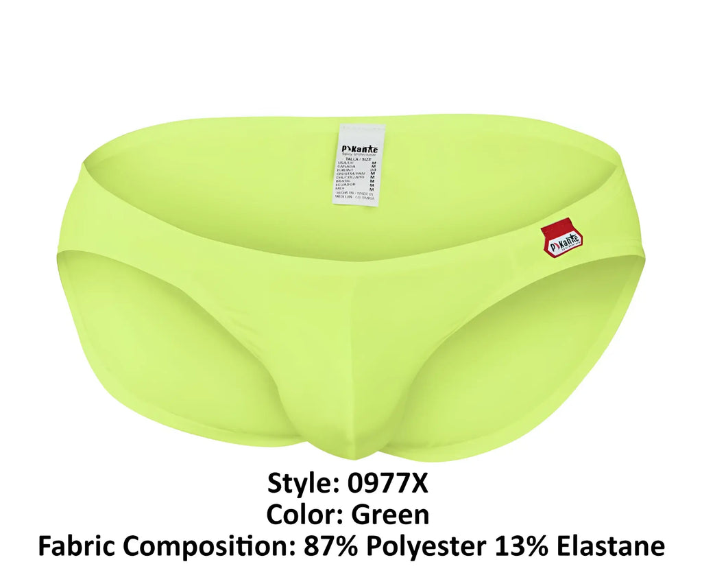Bright lime green pikante PIK 0977X Angola bikini swim trunks with small red and white brand logo on side