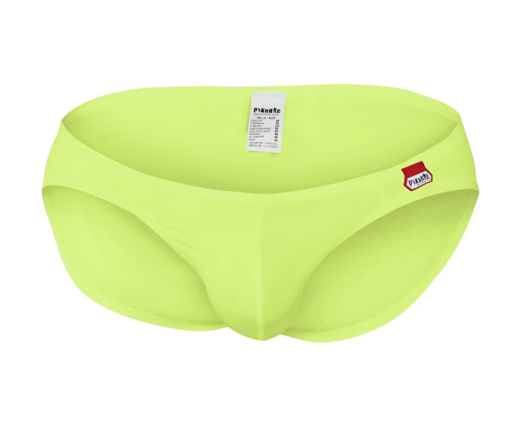 Bright lime green pikante pik 0977x angola bikini swim trunks with red and white brand logo on the side
