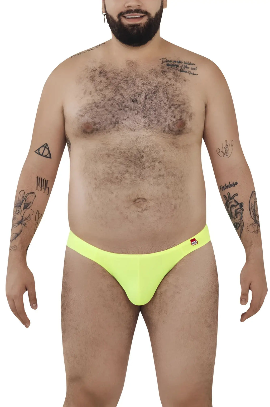Bright neon yellow pikante PIK 0977X angola bikini briefs with small red and white logo on waistband