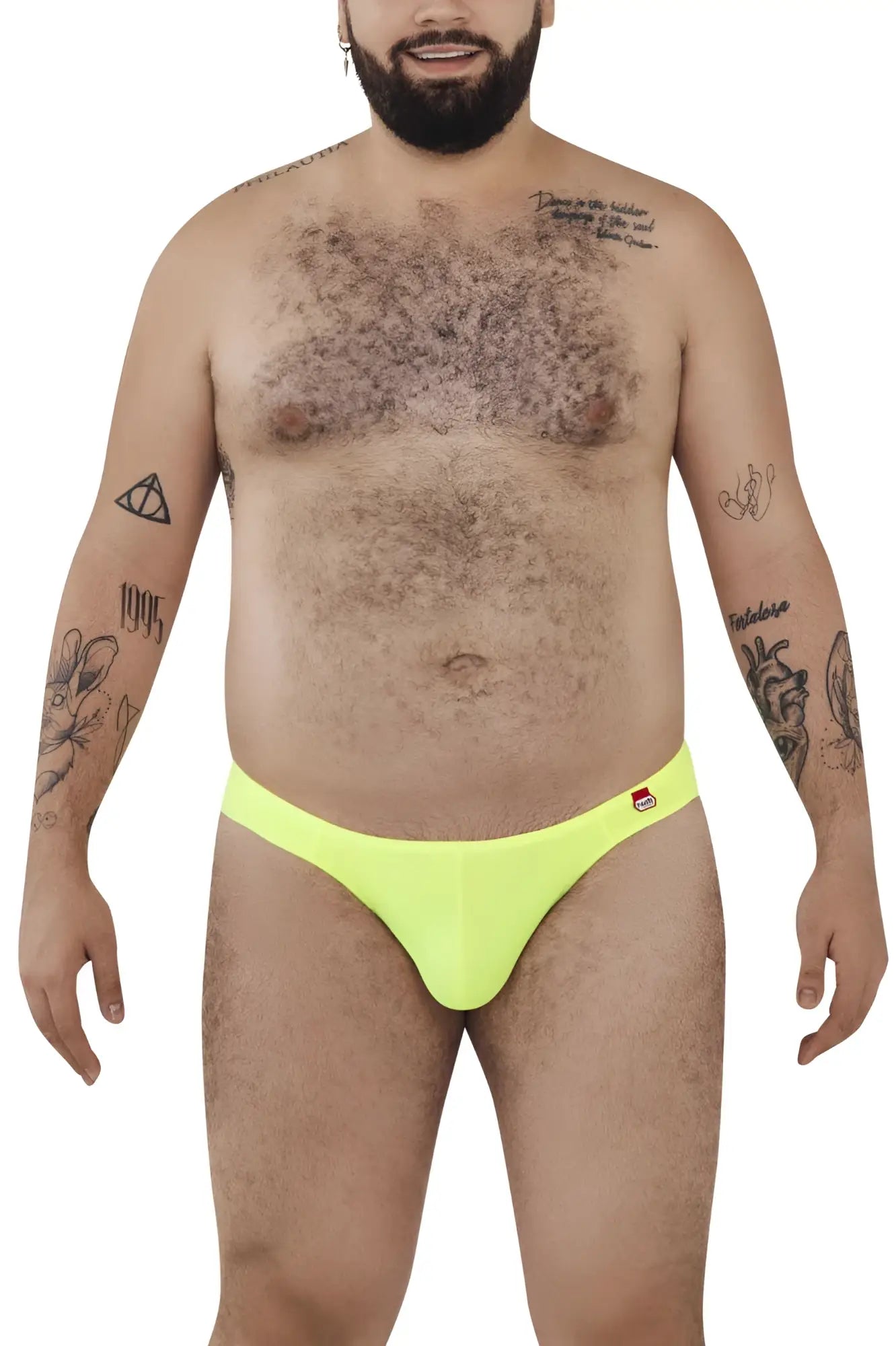 Bright neon yellow pikante PIK 0977X angola bikini briefs with small red and white logo on waistband